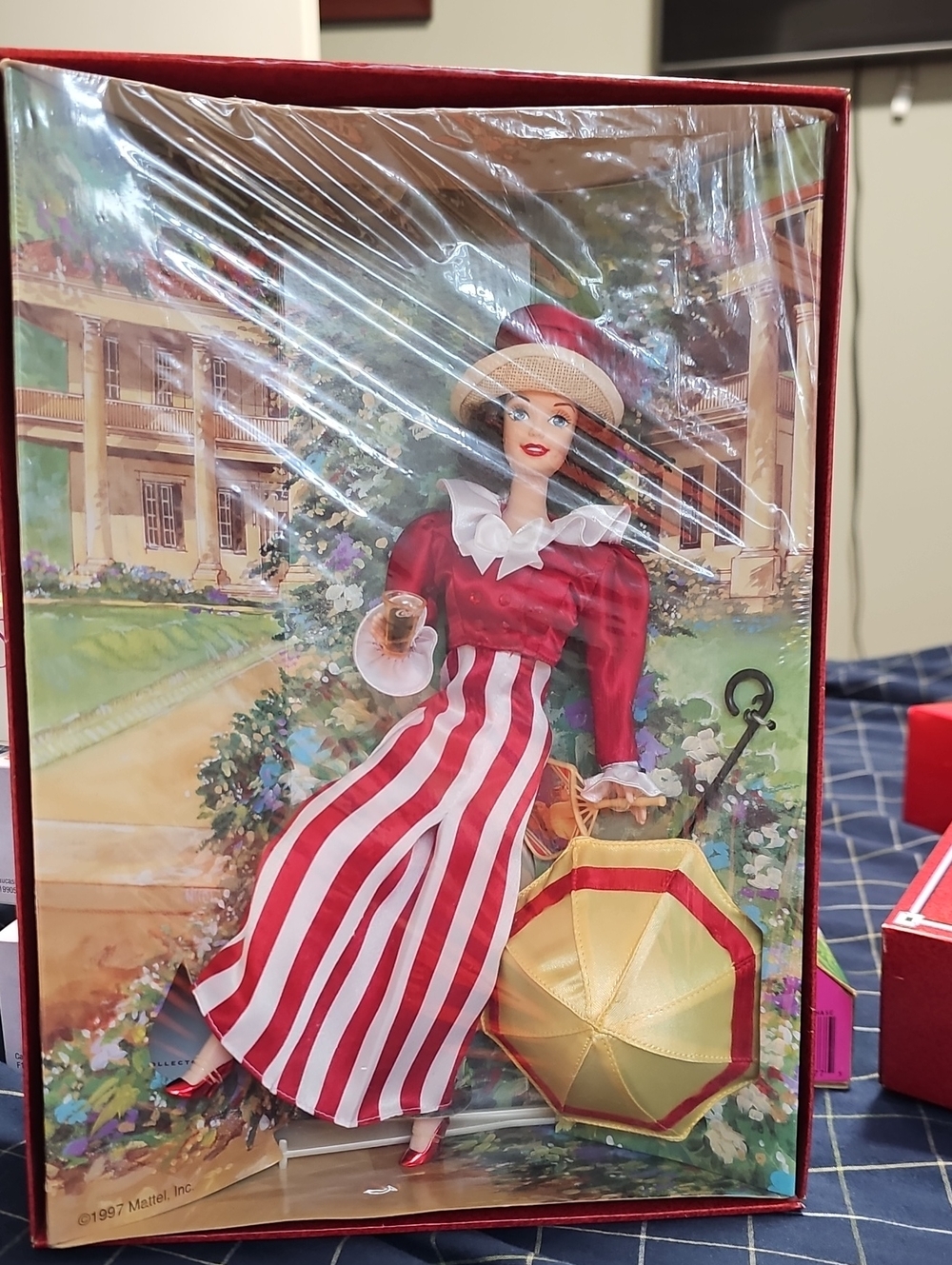 Mattel Red and White Striped Dress Doll with Gold-Trimmed Parasol